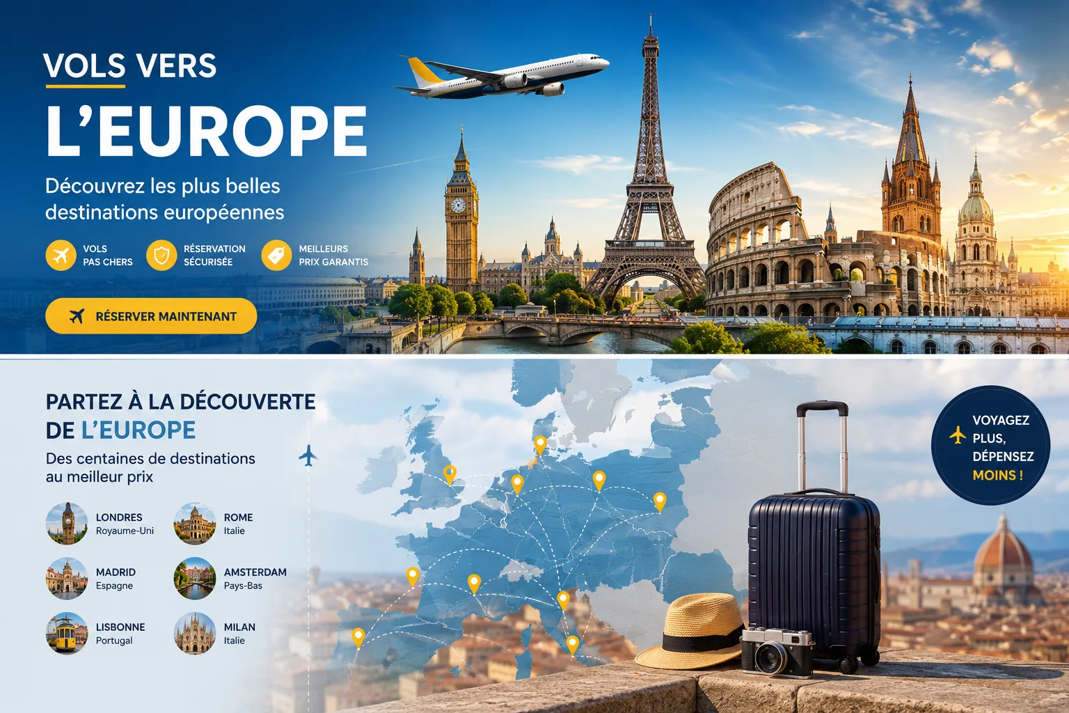 Destinations européennes et vols pas chers vers Londres, Madrid, Lisbonne, Rome et Amsterdam